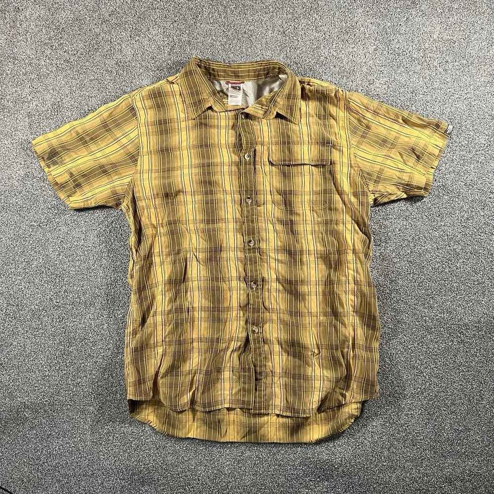 The North Face Plaid Hiking Shirt Yellow Brown Short Sleeve Button Up Men's XL